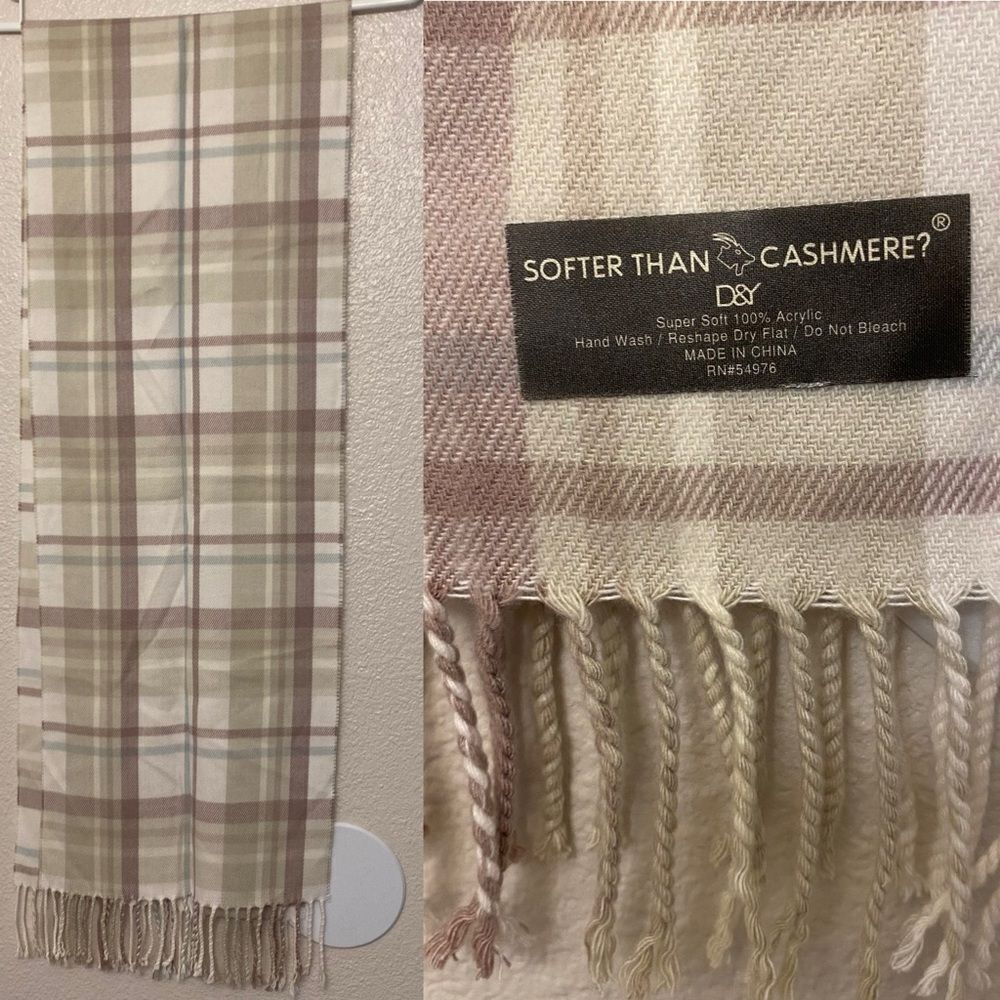 D&Y Softer than CASHMERE FEEL  women mans plaid mauve muted Scarf 11.5x72
